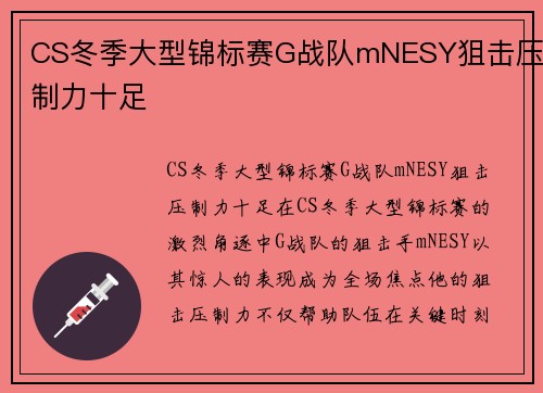 CS冬季大型锦标赛G战队mNESY狙击压制力十足